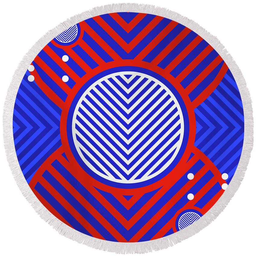 Abstract Round Beach Towel featuring the mixed media Bold Primary Geometric Glyph Art in Red White and Blue n.0364 by Holy Rock Design