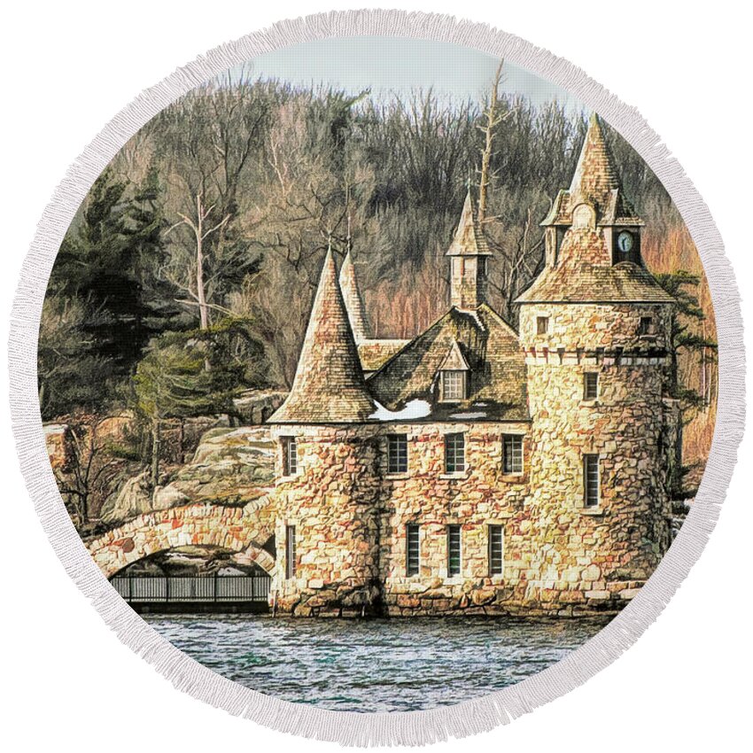 Castle Round Beach Towel featuring the digital art Boldt Castle Power House and Clock Tower by Susan Hope Finley