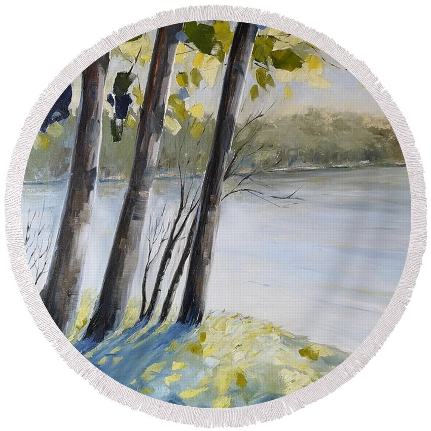 Nature Walk Round Beach Towel featuring the painting Bond Lake by Sheila Romard