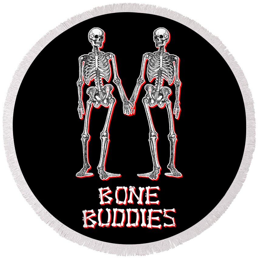 Halloween Round Beach Towel featuring the digital art Bone Buddies Funny Skeleton by Flippin Sweet Gear