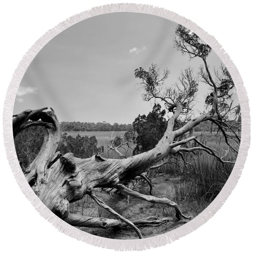 Tree Round Beach Towel featuring the photograph Bones on the Savannah BW by Lee Darnell