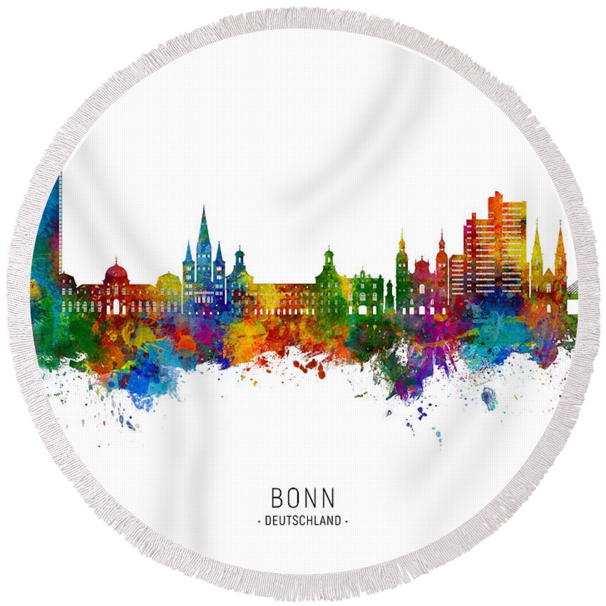 Bonn Round Beach Towel featuring the digital art Bonn Germany Skyline #28 by Michael Tompsett