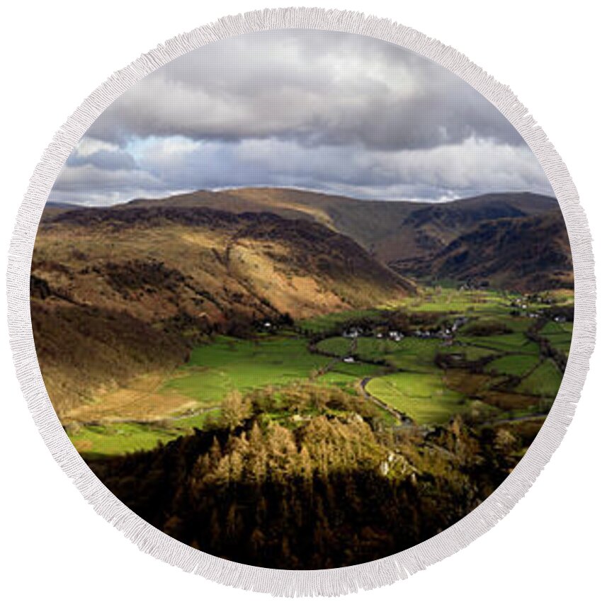 Panorama Round Beach Towel featuring the photograph Borrowdale Aerial Lake District by Sonny Ryse