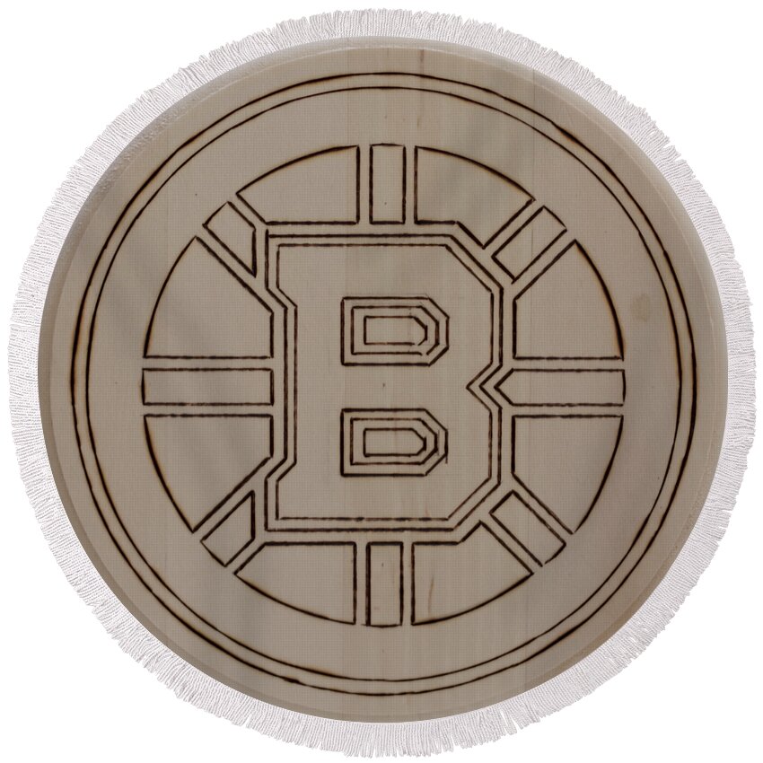 Pyrography Round Beach Towel featuring the pyrography Boston Bruins est 1924 - Original Six by Sean Connolly