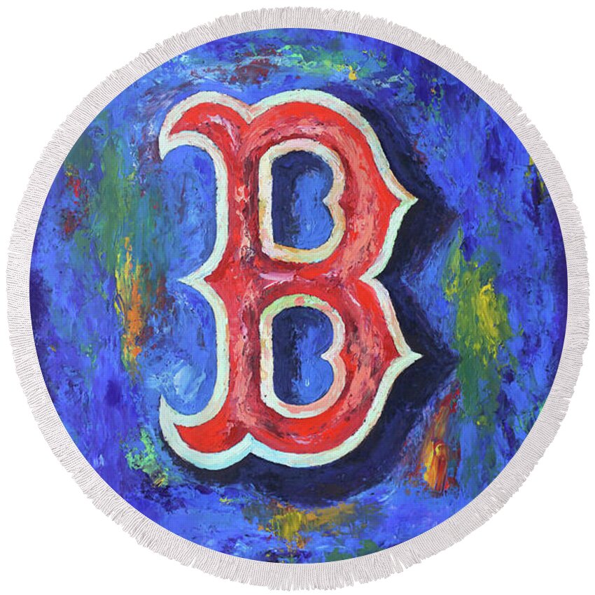 Baseball Round Beach Towel featuring the painting Boston Red Sox Baseball by Dan Haraga