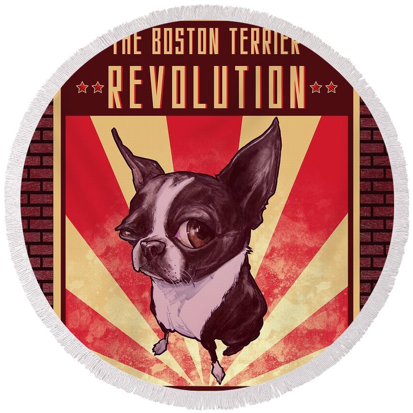 Boston Terrier Round Beach Towel featuring the drawing Boston Terrier REVOLUTION by John LaFree