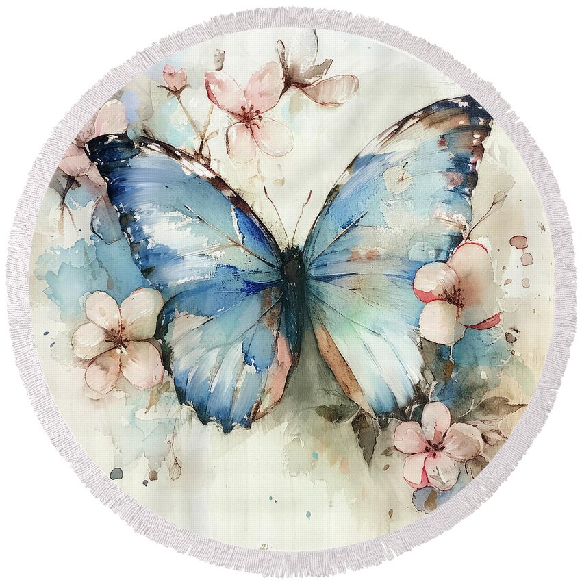 Butterfly Round Beach Towel featuring the painting Botanical Blue Butterfly by Tina LeCour