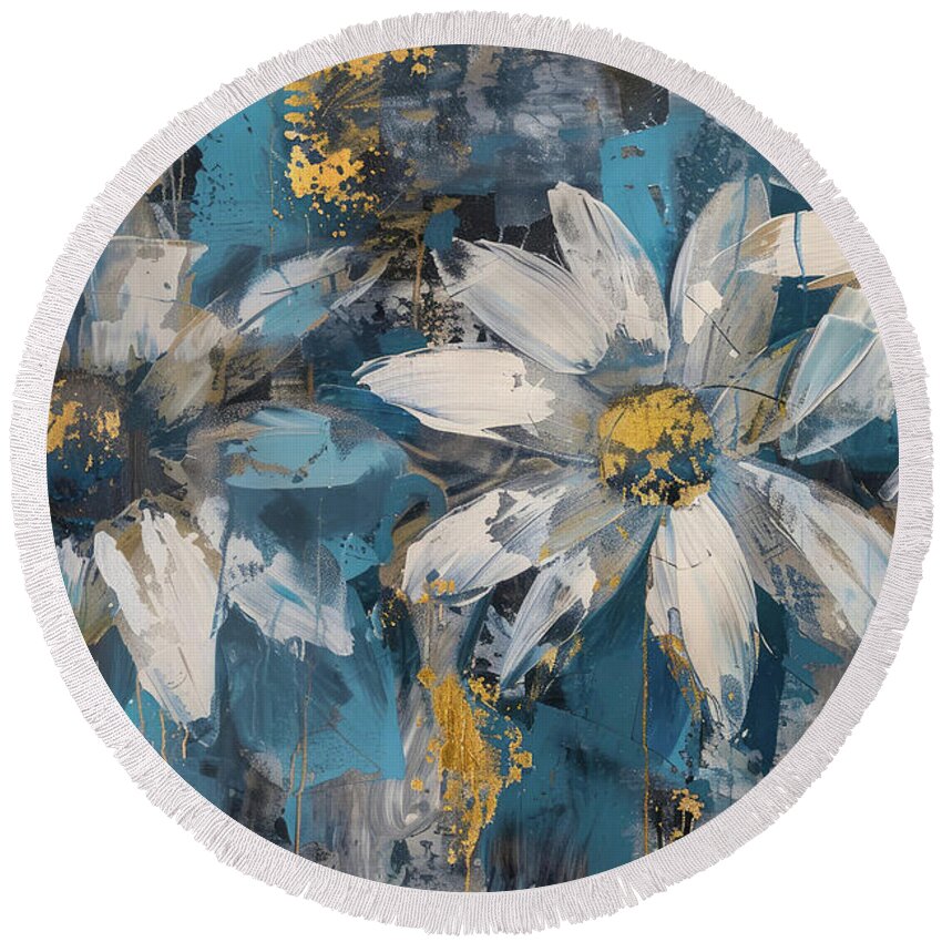 Abstract Round Beach Towel featuring the painting Botanical Daisy Flowers by Tina LeCour