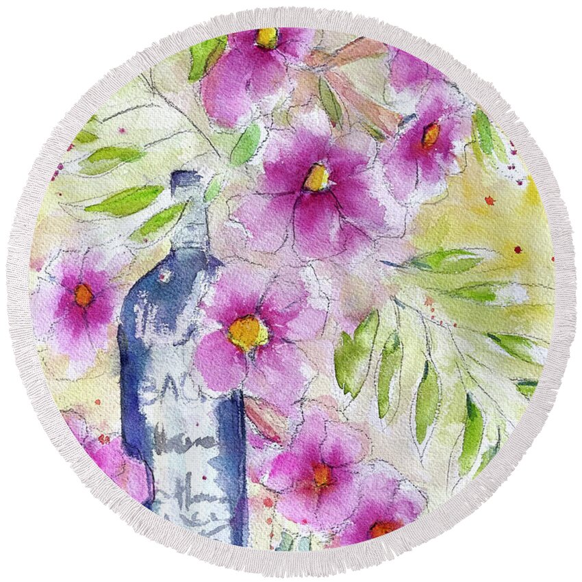 Wine Bottle Round Beach Towel featuring the painting Bottle and Blooms by Roxy Rich