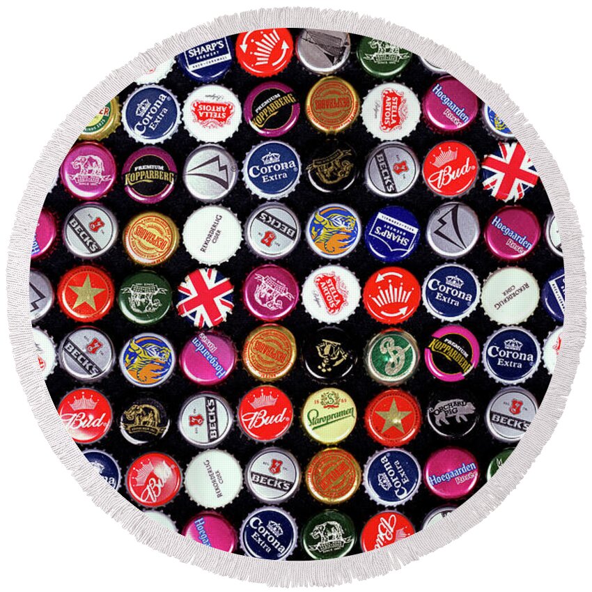 Bottle Round Beach Towel featuring the photograph Bottle cap background by Jane Rix