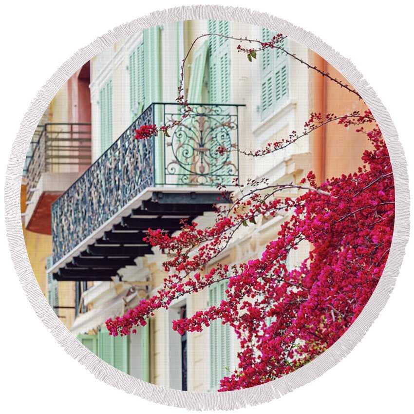 Bougainvillea Round Beach Towel featuring the photograph Bougainvillea in Villefranche Sur Mer by Melanie Alexandra Price