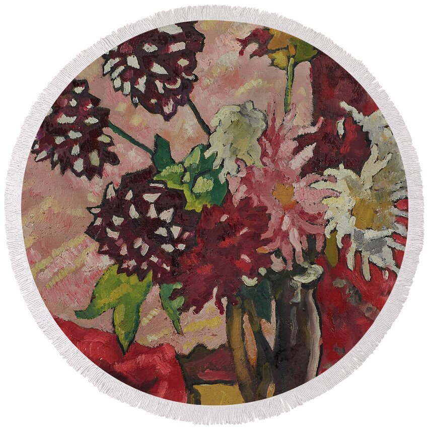 Flowers Round Beach Towel featuring the painting Bouquet of dahlias by MotionAge Designs