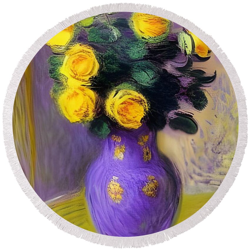 Computer-generated Round Beach Towel featuring the digital art Bouquet of Yellow Roses by Katrina Gunn