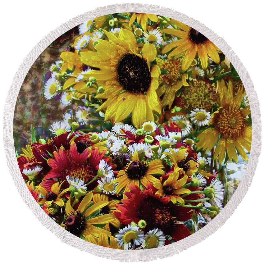 Wildflowers Round Beach Towel featuring the mixed media Bouquets of Oklahoma Wildflowers by Shelli Fitzpatrick