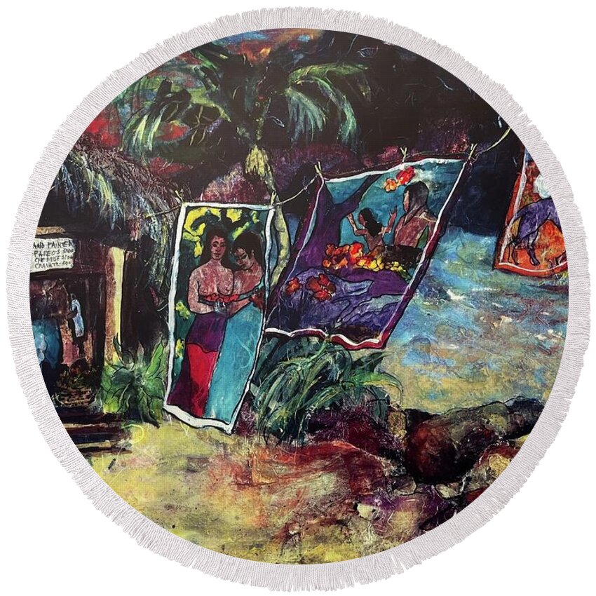 Tahiti Round Beach Towel featuring the painting Boutique Gauguin by Elaine Elliott