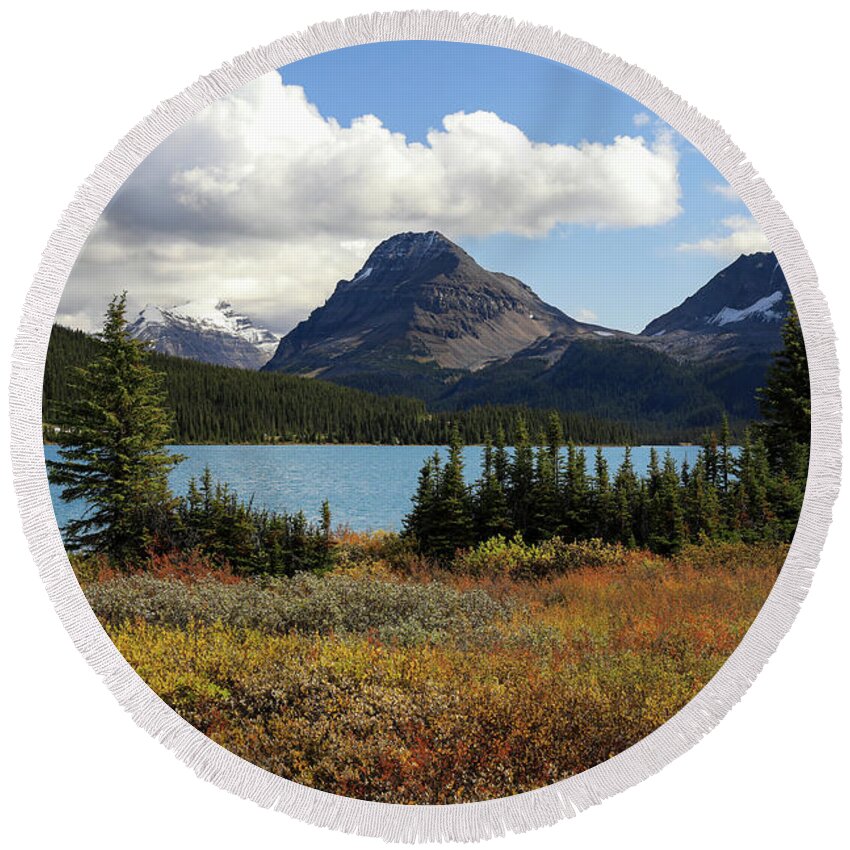 Autumn Colors In The Canadian Rockies Round Beach Towel featuring the photograph Bow Lake In Autumn Landscape by Dan Sproul