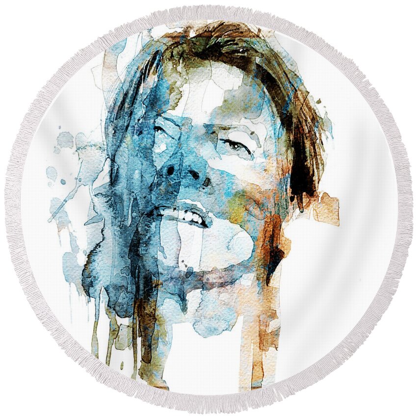 David Bowie Round Beach Towel featuring the painting Bowie - Strung out on lasers and slash back plazas by Paul Lovering