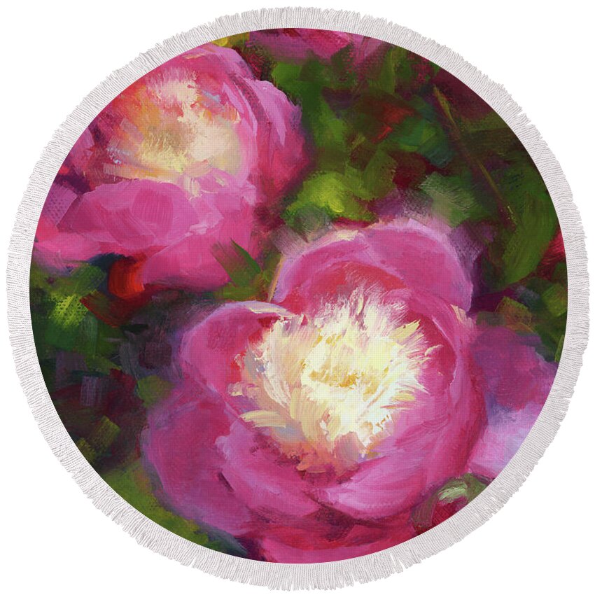 Paeonia Round Beach Towel featuring the painting Bowls of Beauty - Alaskan peonies by Talya Johnson