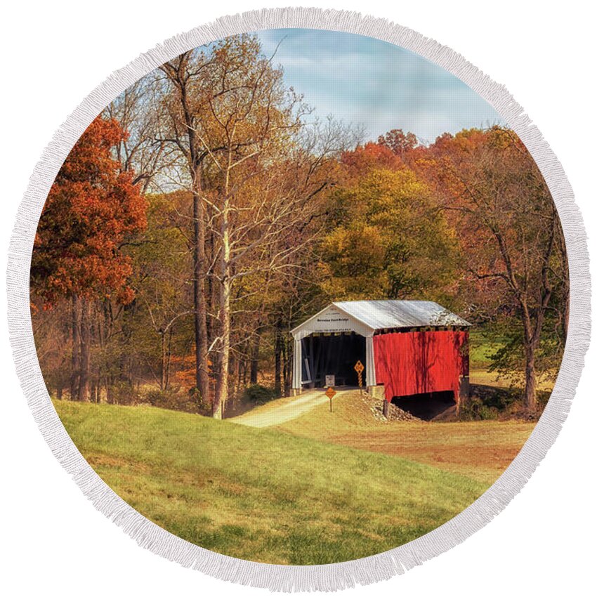 Parke County Covered Bridges Round Beach Towel featuring the photograph Bowsher Ford Covered Bridge in Autumn - Parke County, IN by Susan Rissi Tregoning