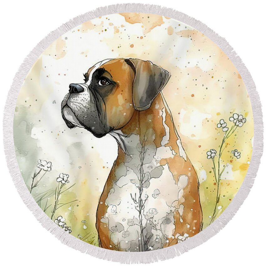 Boxer Round Beach Towel featuring the digital art Boxer in a flower field by Debbie Brown