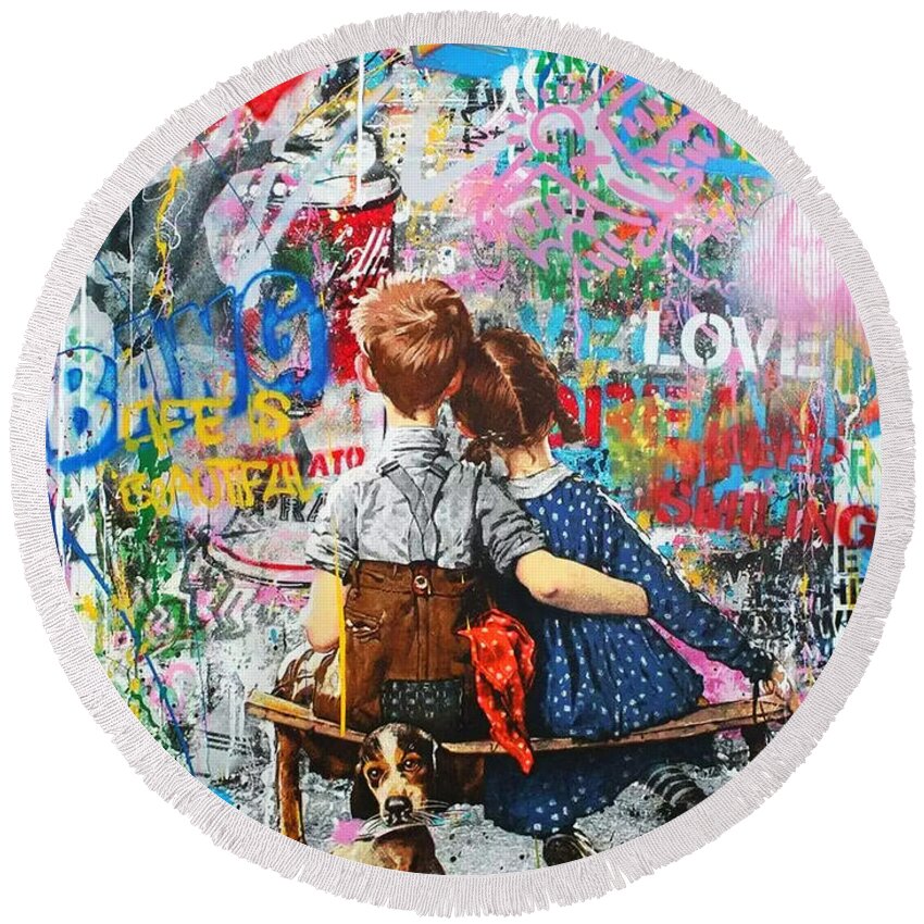 Collage Round Beach Towel featuring the mixed media Boy And Girl Graffiti Wall Mashup by My Banksy
