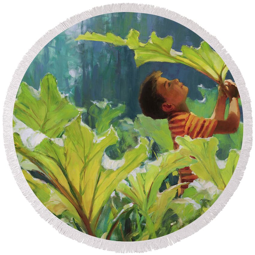 Forest Round Beach Towel featuring the painting Boy in the Rhubarb Patch by Steve Henderson