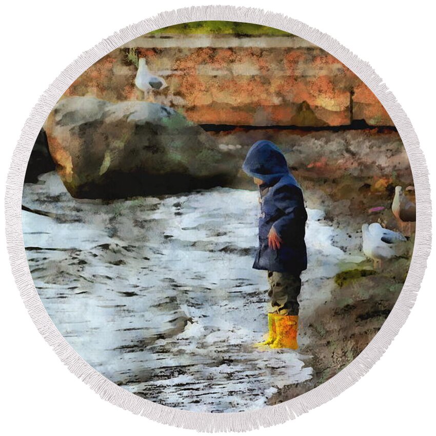 Boy Round Beach Towel featuring the photograph Boy in Yellow Boots by Sea Change Vibes