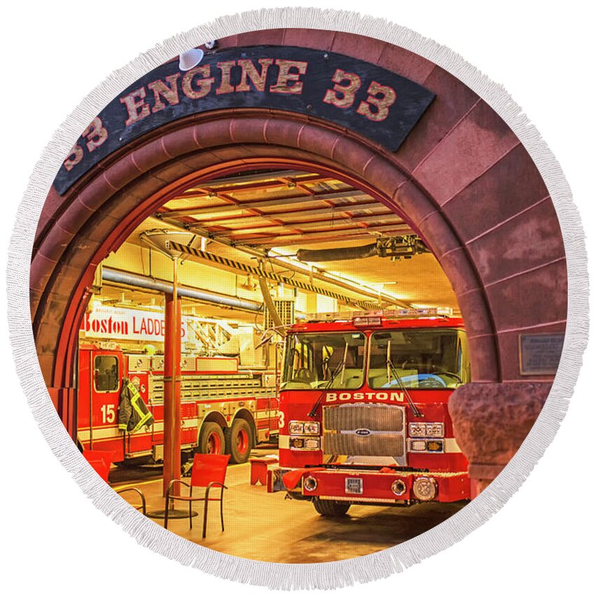 Boston Round Beach Towel featuring the photograph Boylston Street Fire Station Boston MA Engine 33 by Toby McGuire