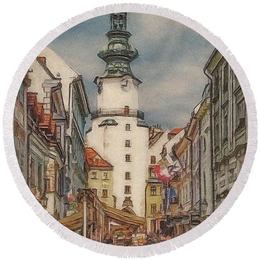Old Town Round Beach Towel featuring the painting Bratislava Street Scene 2 by Jeffrey Kolker