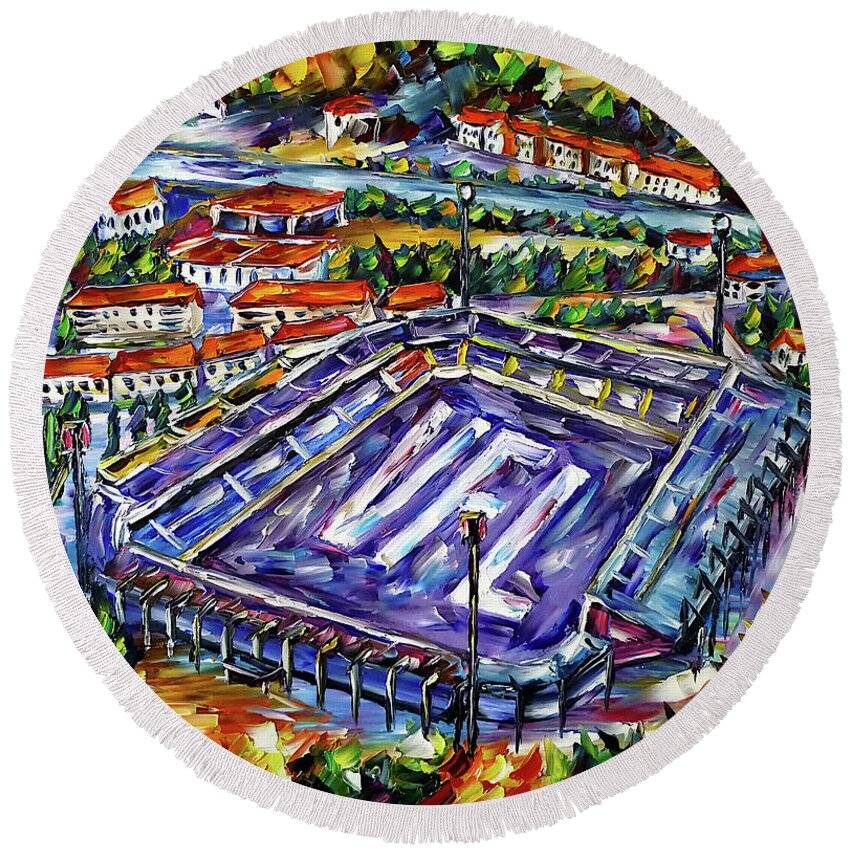 Osnabrueck From Above Round Beach Towel featuring the painting Bremer Bruecke by Mirek Kuzniar