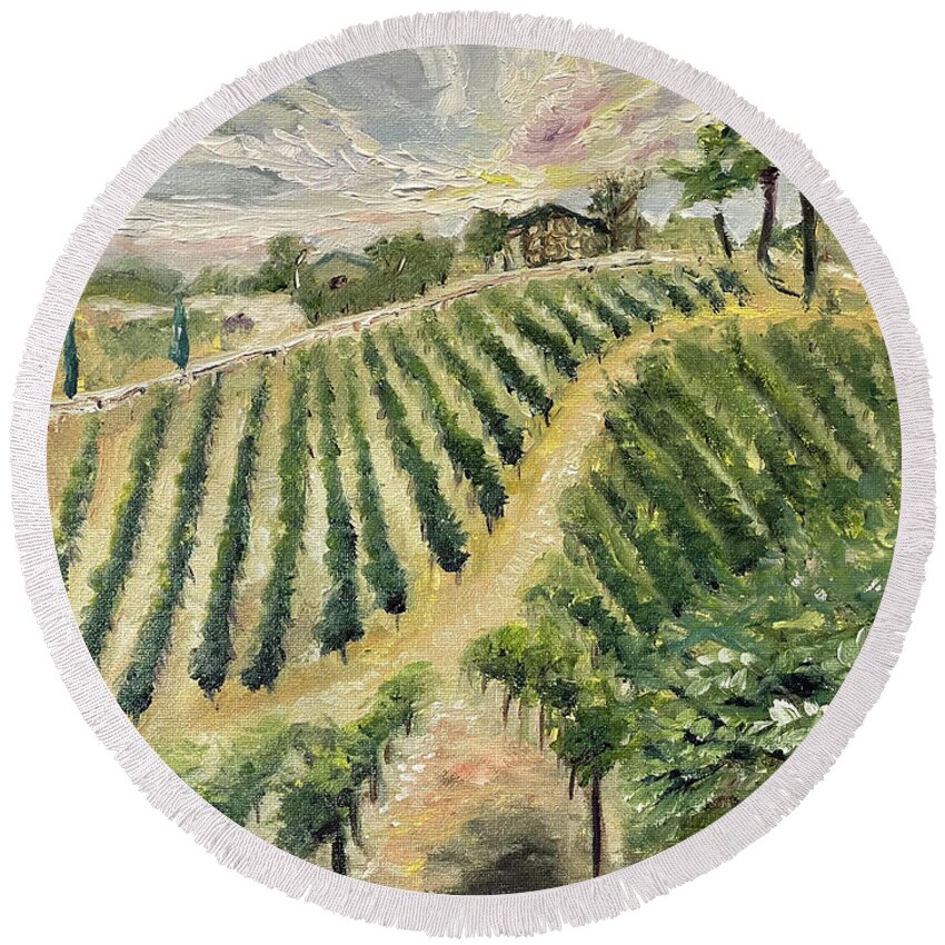 Vineyard Round Beach Towel featuring the painting Brendas View at Lorenzi Estate Winery in Temecula by Roxy Rich