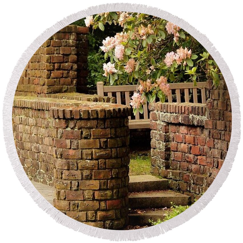 Brick Wall Bench Stairs Flowers Round Beach Towel featuring the photograph Brick Walls1 by John Linnemeyer