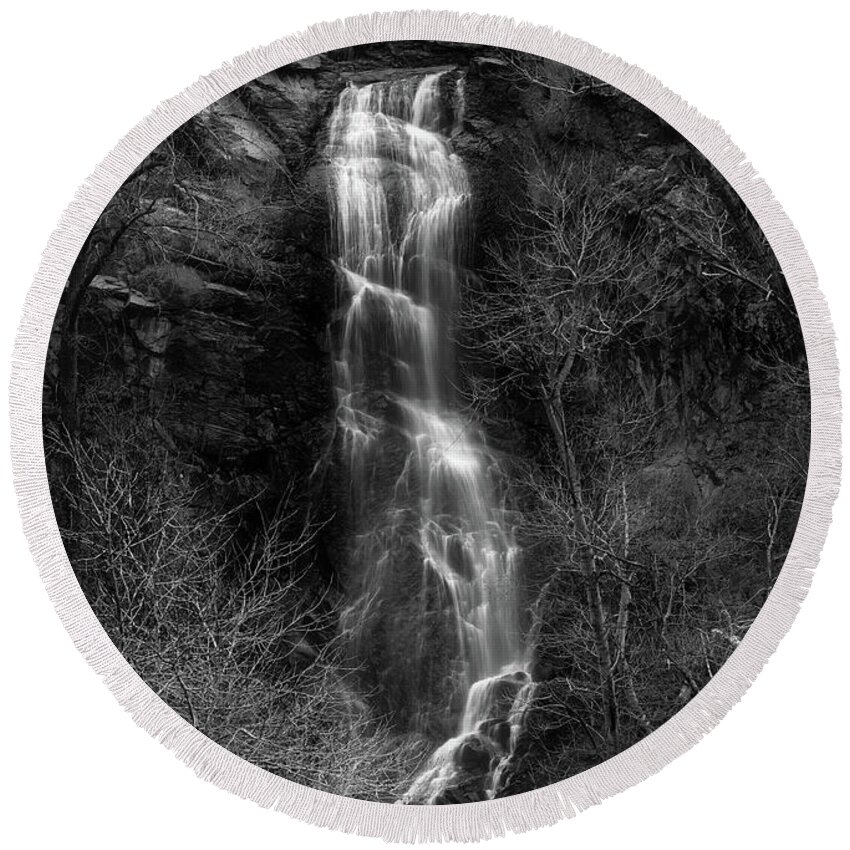 Bridal Veil Falls Black And White Round Beach Towel featuring the photograph Bridal Veil Falls Black And White by Dan Sproul