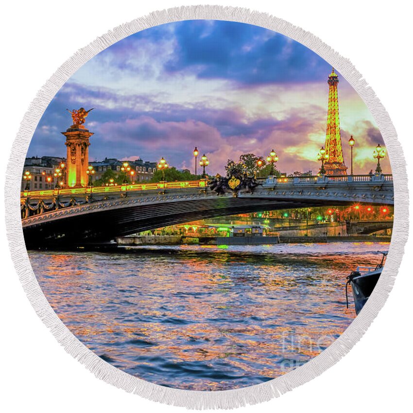 Alexander Round Beach Towel featuring the photograph Bridge of Alexandre III and Eiffel tower, Sunset by Anastasy Yarmolovich