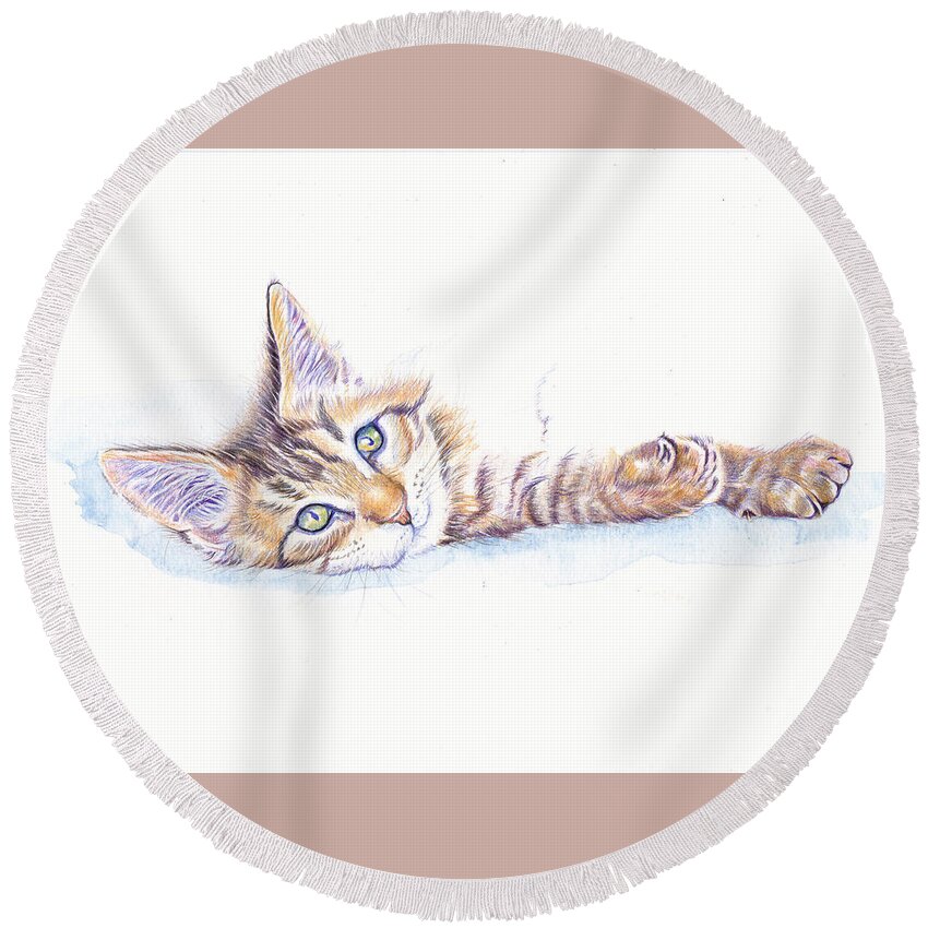 Kitten Round Beach Towel featuring the painting Bright Eyes - Tabby Kitten by Debra Hall