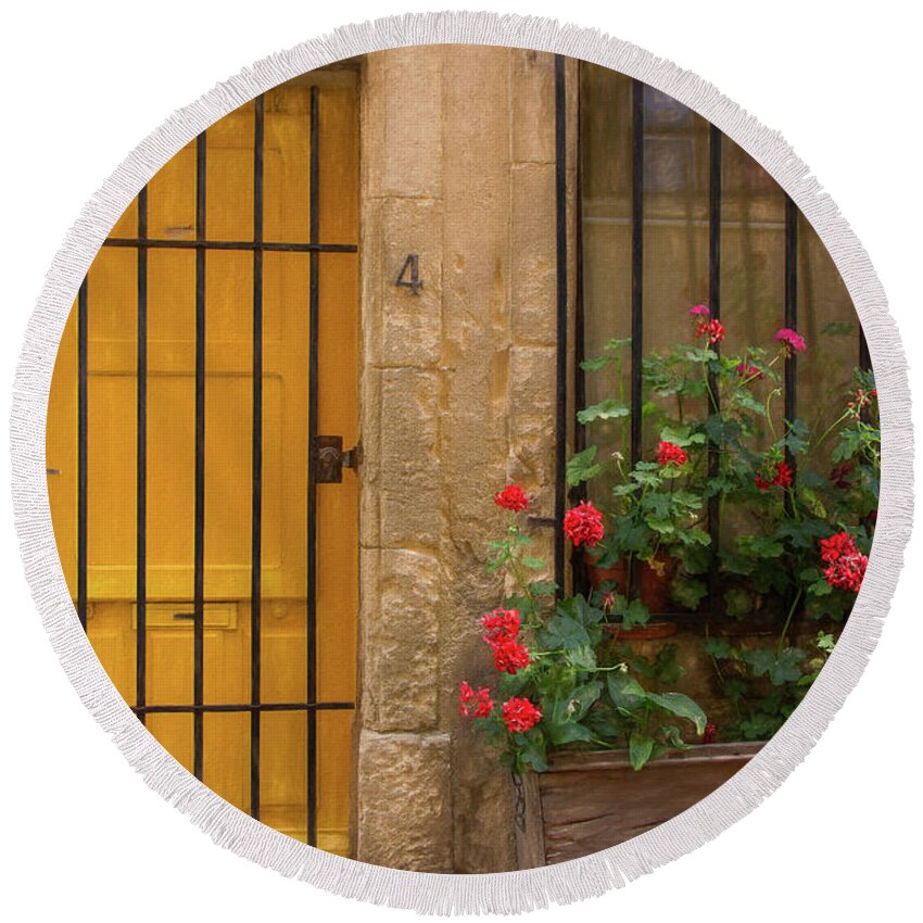 France Round Beach Towel featuring the photograph Bright Yellow Welcome in Arles, France by Marcy Wielfaert