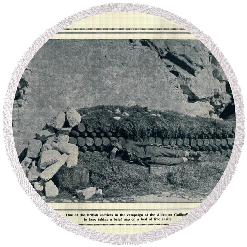 Dardanelles Round Beach Towel featuring the photograph BRITISH SOLDIER IN GALLIPOLI RESTING ON LIVE SHELLS k5 by Historic Illustrations