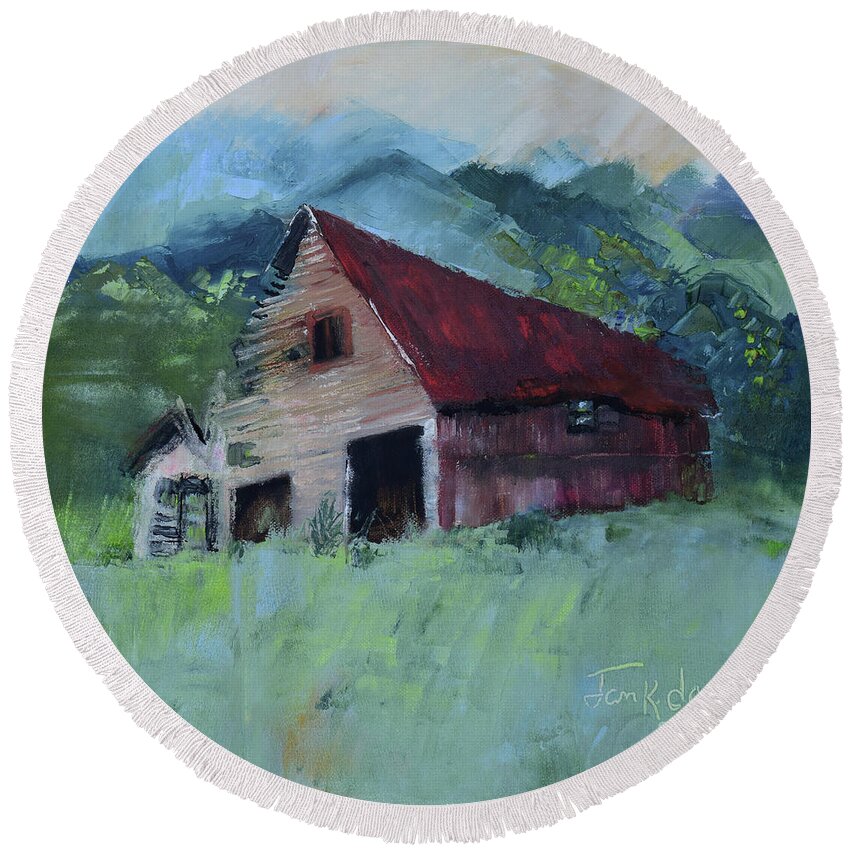 Old Barn Round Beach Towel featuring the painting Broken Bones Alone by Jan Dappen