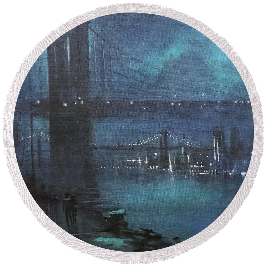 Brooklyn Bridge Round Beach Towel featuring the painting Brooklyn Bridge In Fog by Tom Shropshire