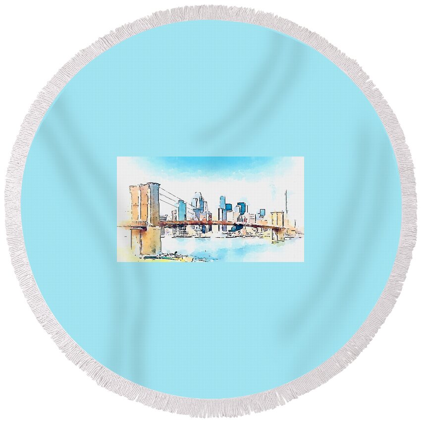 Brooklyn Bridge Round Beach Towel featuring the digital art Brooklyn Bridge by John Mckenzie