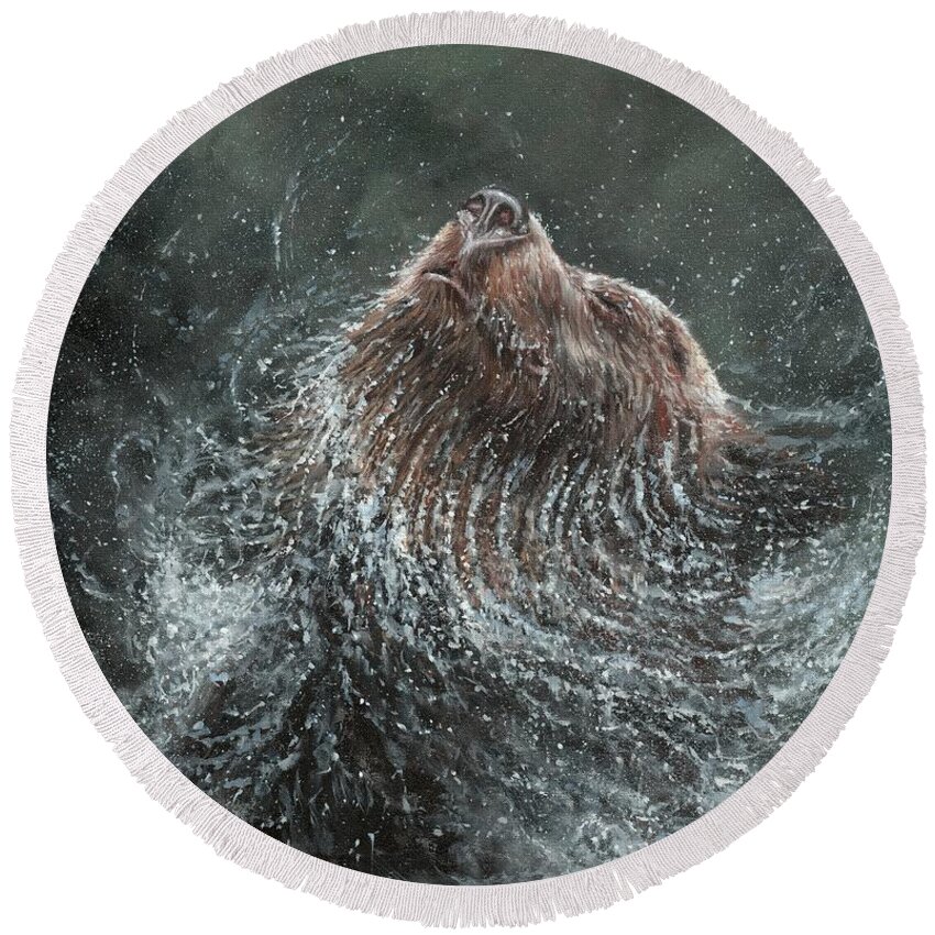 Bear Round Beach Towel featuring the painting Brown Bear Splash and Shake by David Stribbling