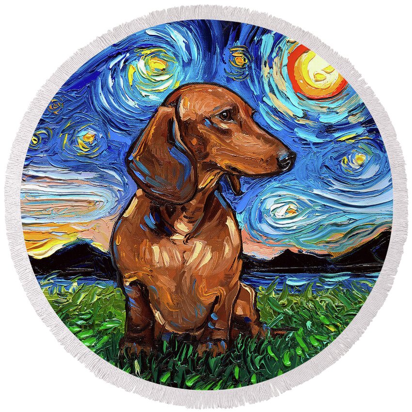 Dachshund Round Beach Towel featuring the painting Brown Dachshund Night by Aja Trier