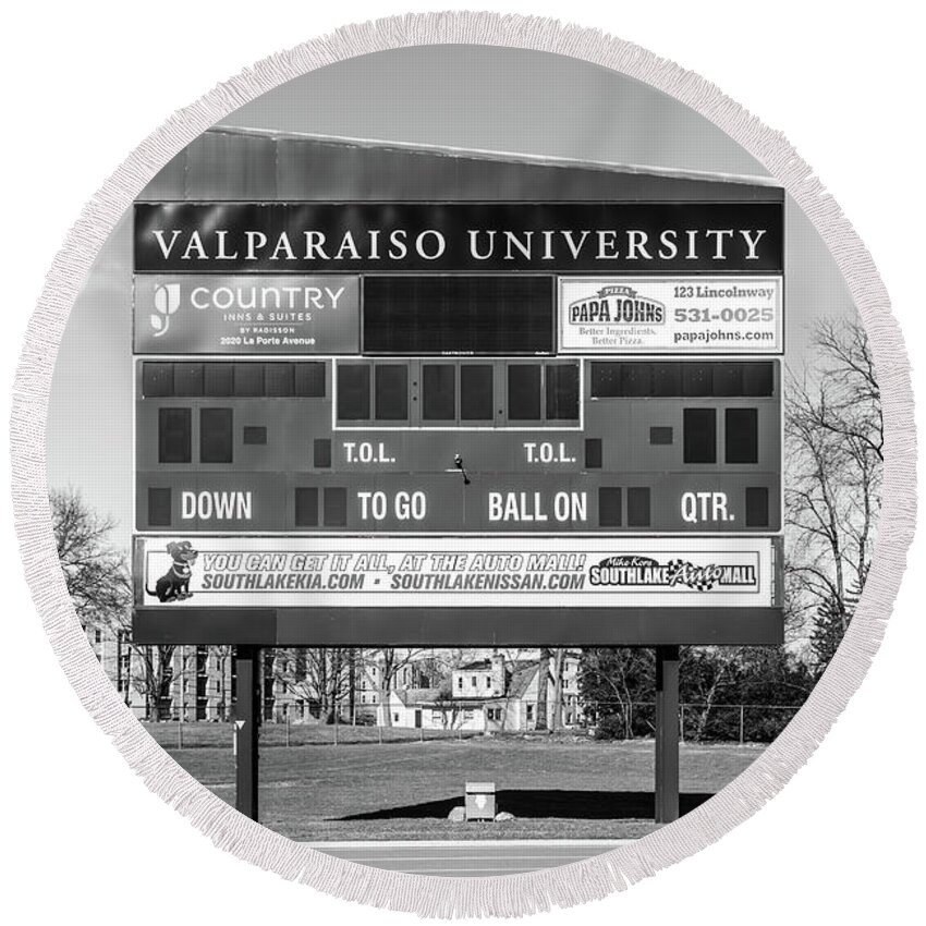  Round Beach Towel featuring the photograph Brown Field Scoreboard Valparaiso University Black and White Pho by Paul Velgos