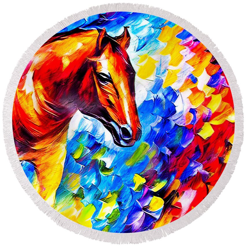 Horse Round Beach Towel featuring the digital art Brown horse portrait on a colorful blue, red and yellow background by Nicko Prints