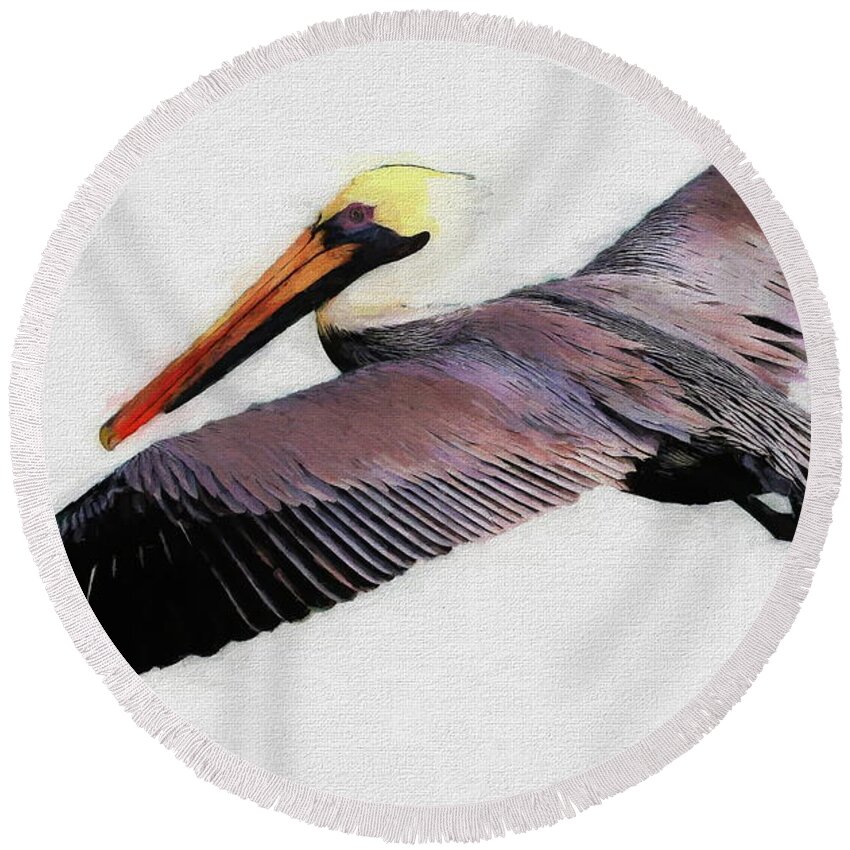 Pelican Round Beach Towel featuring the digital art Brown Pelican Watercolor on Canvas by Russ Harris