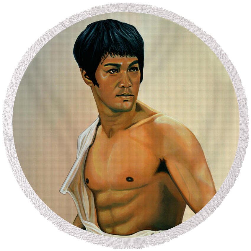 Bruce Round Beach Towel featuring the painting Bruce Lee Painting by Paul Meijering