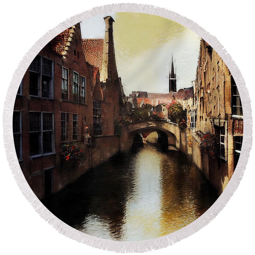 Belgium Round Beach Towel featuring the painting Bruges, Belgium - 15 by AM FineArtPrints