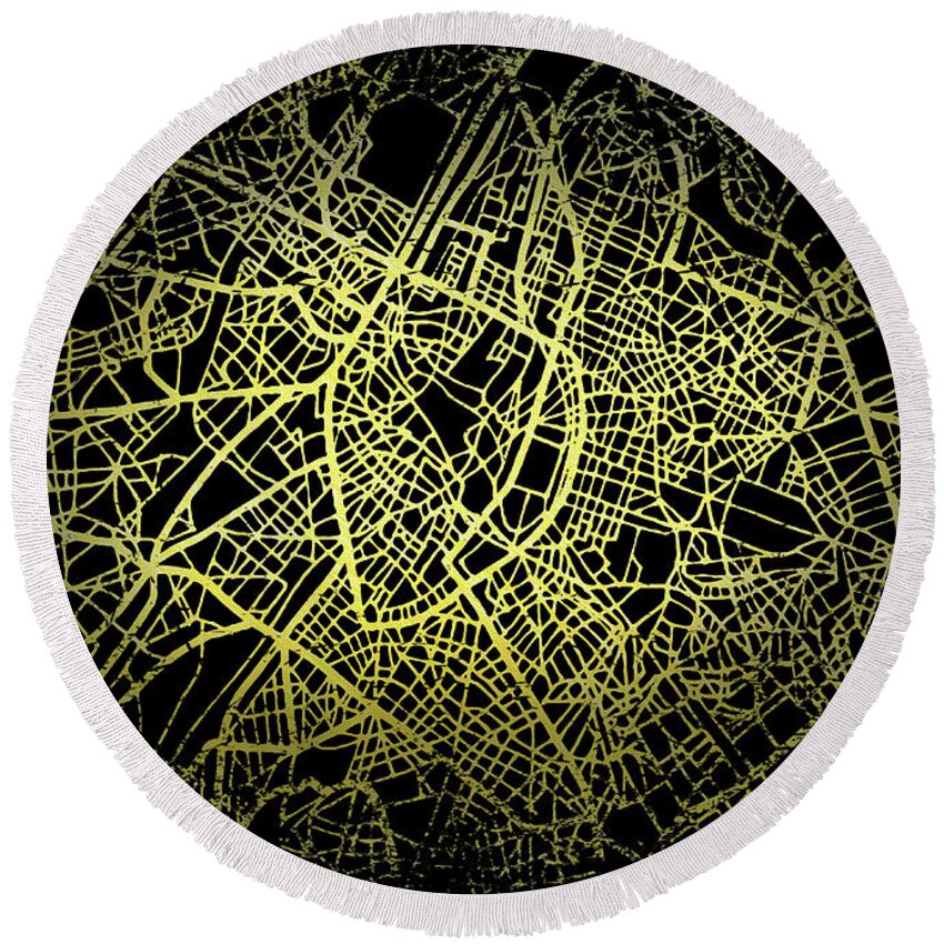 Map Round Beach Towel featuring the digital art Brussels Map in Gold and Black by Sambel Pedes