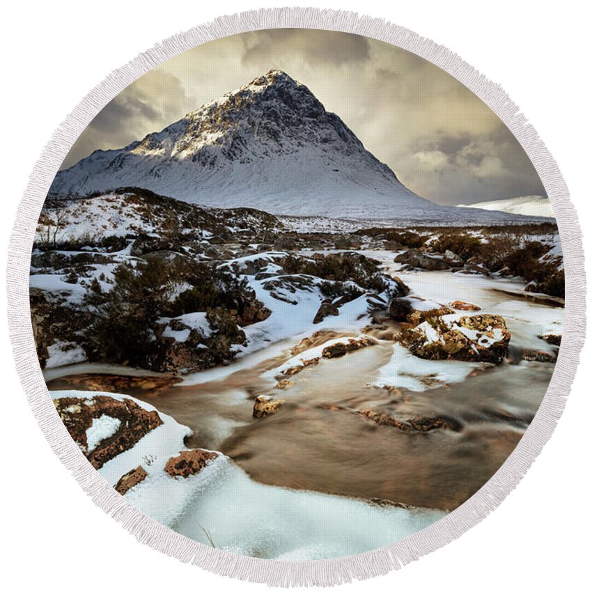 Buachaille Etive Mor Round Beach Towel featuring the photograph Buachaille Etive Mor storm, Scottish Highlands by Neale And Judith Clark