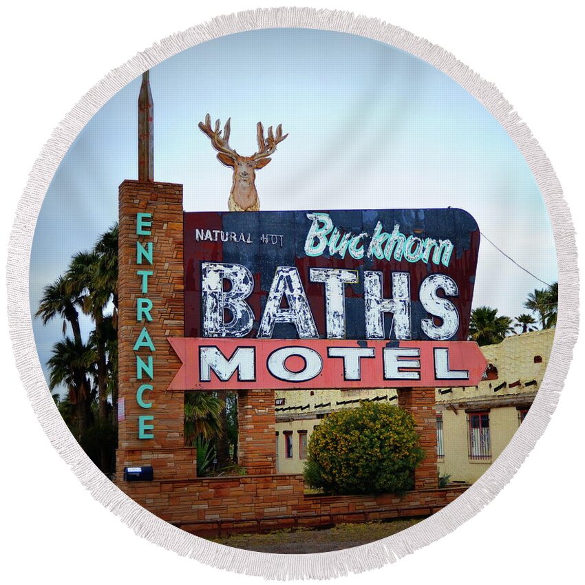 Neon Sign Round Beach Towel featuring the photograph Buckhorn Baths by Tru Waters